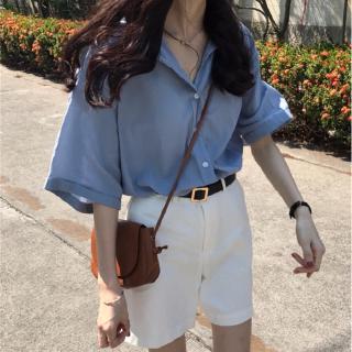 Áo Sơ Mi Tay Ngắn Màu Trơn Đơn Giản Dễ Phối Đồ Cho Nữ