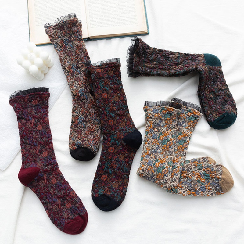 Xiangbao Vớ Ống Lửng Vừa In Hoa Phối Ren Bèo Nhiều Màu Sắc Phong Cách Harajuku Nhật Bản Ngọt Ngào Vintage