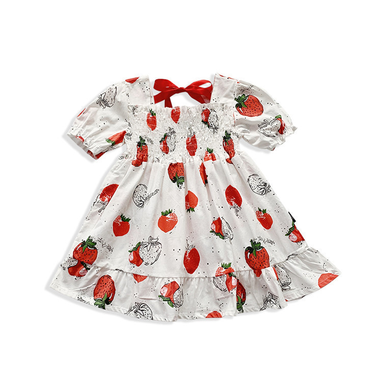 Korean Style Baby Girls Strawberry Prints Dress Children Kids Ruffles Long Dresses