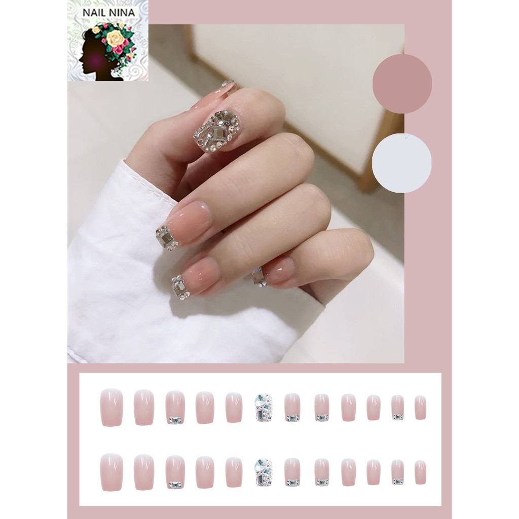 Bộ 24 móng tay giả Nail Nina trang trí nghệ thuật hoạ tiết hồng mix đá Jellystone mã Z-20【Tặng kèm dụng cụ lắp】