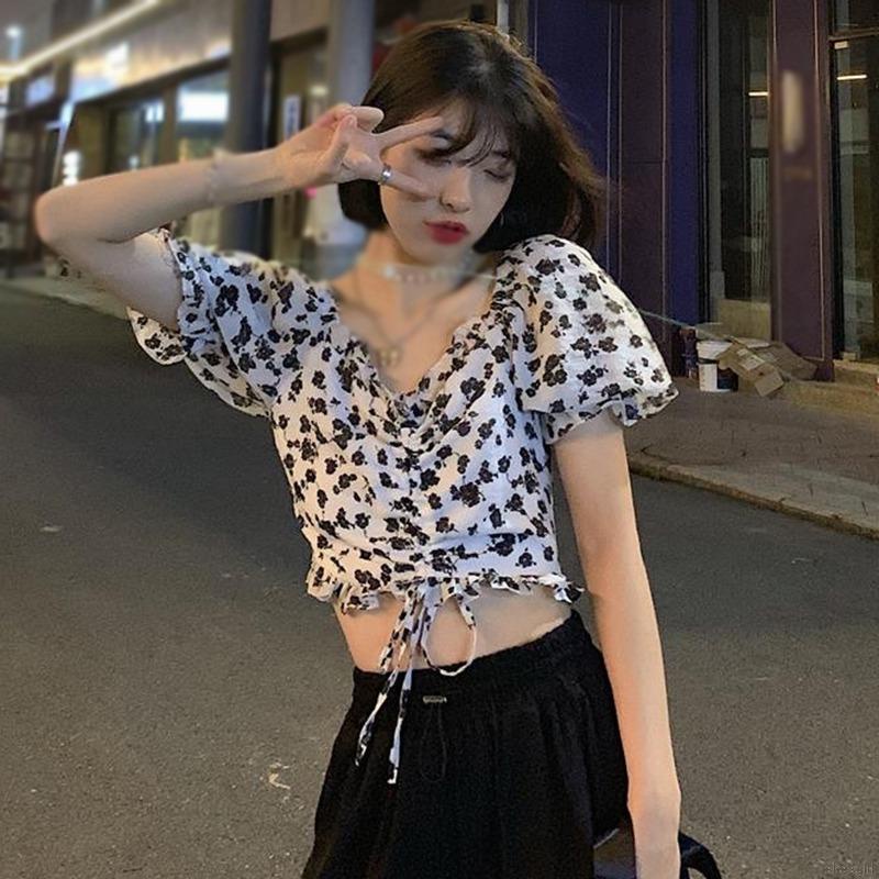 Áo croptop tay ngắn dáng ôm phối dây rút họa tiết hoa phong cách Pháp thời trang cho nữ