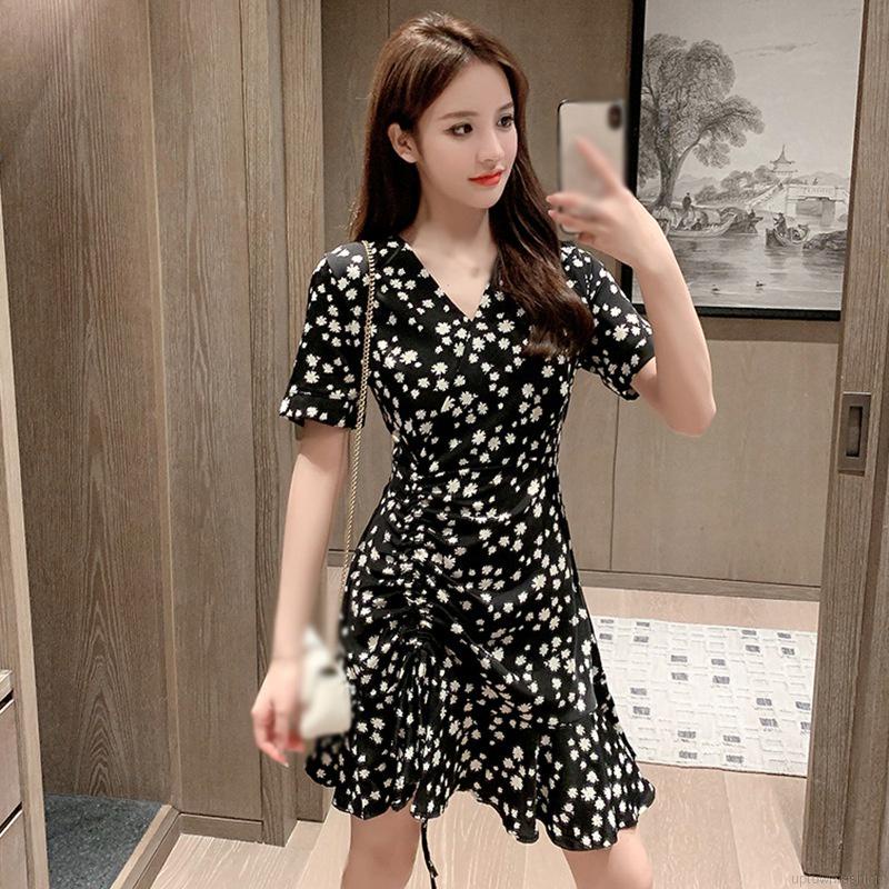 Đầm Hoa Tay Ngắn Cổ Chữ V Dáng Ôm Phong Cách Retro Pháp Thời Trang Mùa Hè