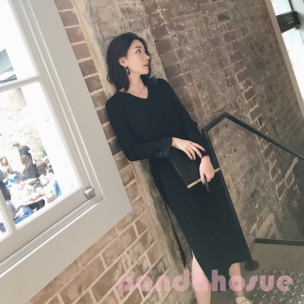Women Dress Round Collar Knit Dress Autumn Slim Long Sleeve Mid-length Casual Sweater Belt Dress Wool Clothing | BigBuy360 - bigbuy360.vn