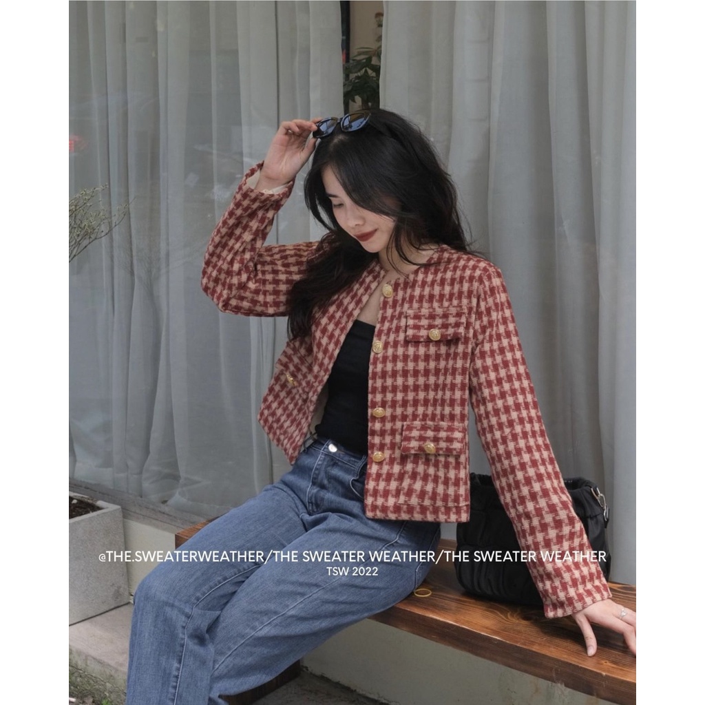 Có đệm vai - Áo khoác dạ tweed vintage cúc vàng, Áo khoác dạ tweed cổ tròn