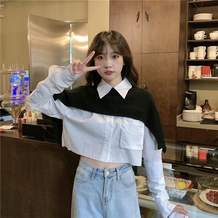 Bộ áo sơ mi dài tay phối khoác len không tay độc đáo thời trang dành cho nữ | BigBuy360 - bigbuy360.vn