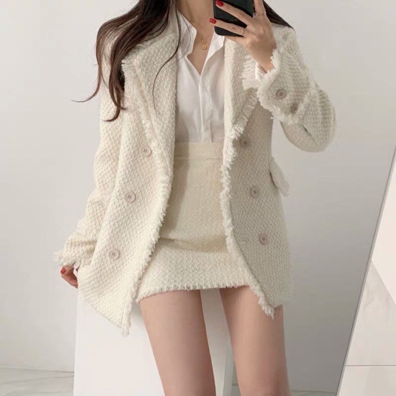 Set áo khoác vest dạ tweed và chân váy ngắn dạ tweed