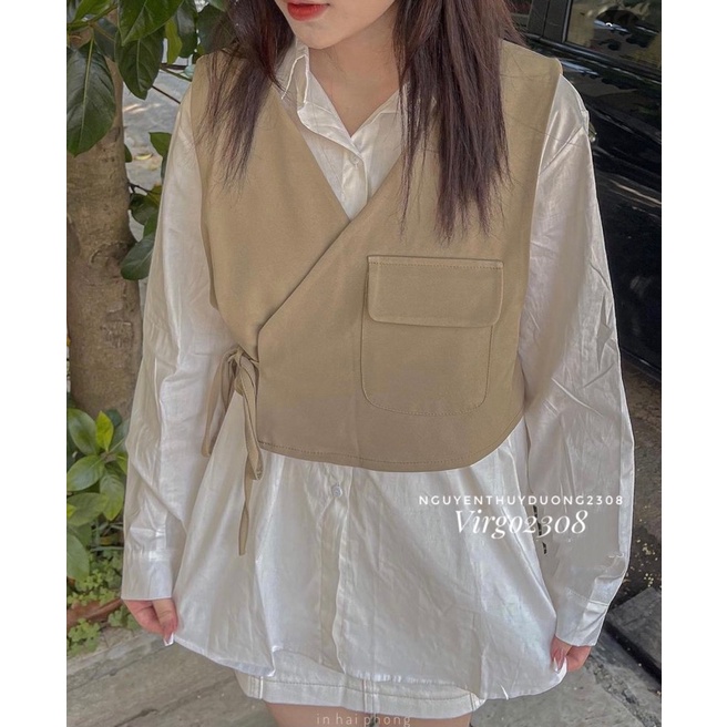 [HÀNG SẴN]SET ÁO SƠMI MIX GILE túi nắp nơ eo siêu xinh | BigBuy360 - bigbuy360.vn