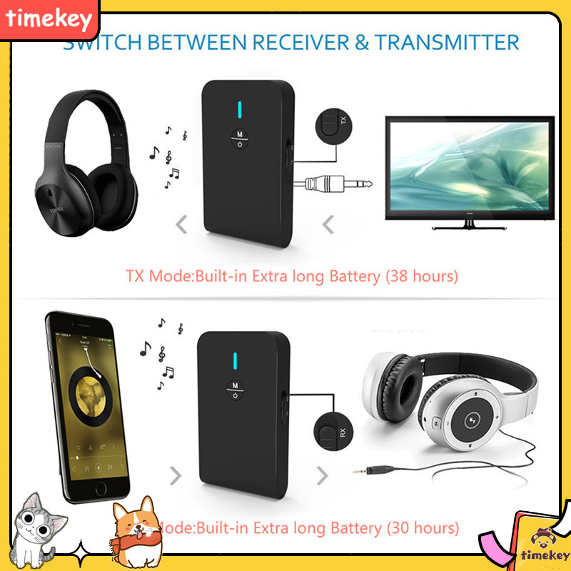 【Timekey】2 In 1 Bluetooth 5.0 Transmitter Rechargeable Receiver For Tv Computer Car Speaker 3.5mm Aux Hi-Fi Music Audio