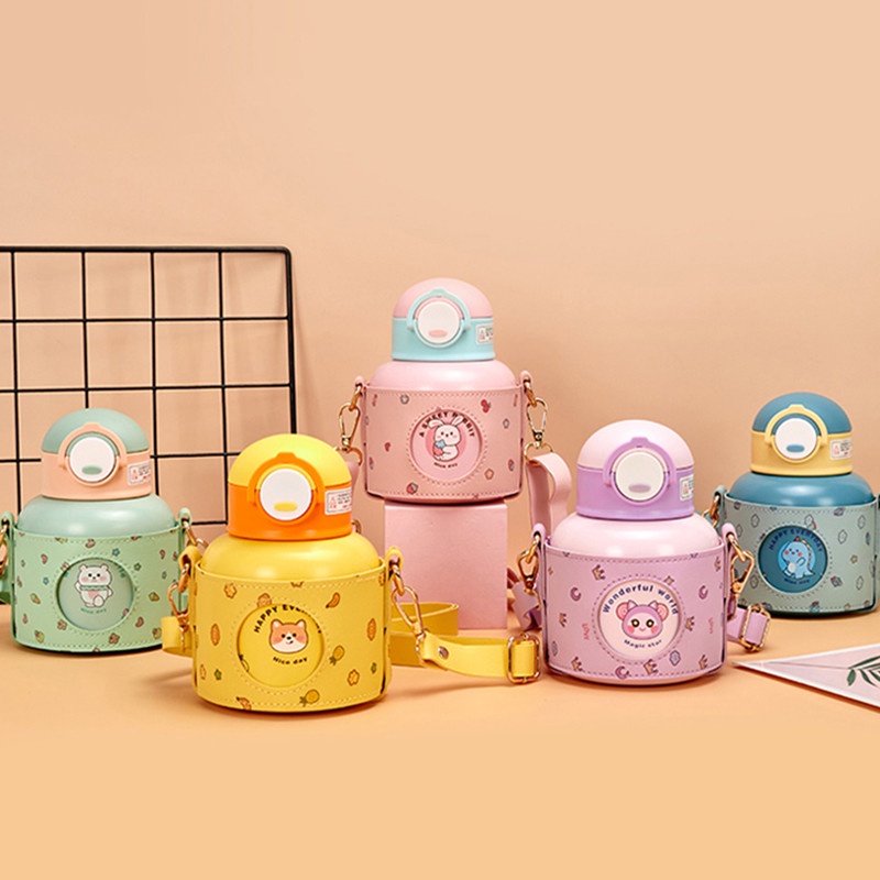 Bình Nước Giữ Nhiệt Bằng Thép Không Gỉ 316 520ml In Họa Tiết Hoạt Hình Dễ Thương Kèm Ống Hút Tiện