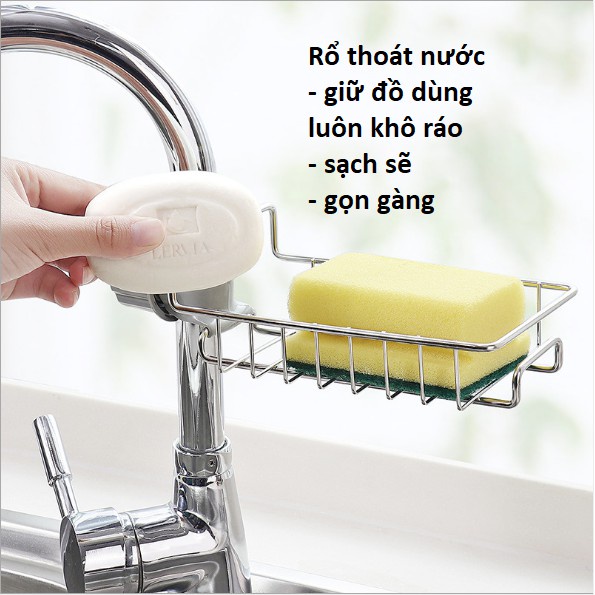 Giá inox để giẻ rửa chén bát, cọ xoong, bàn chải, xà bông gắn vòi nước bồn rửa bát