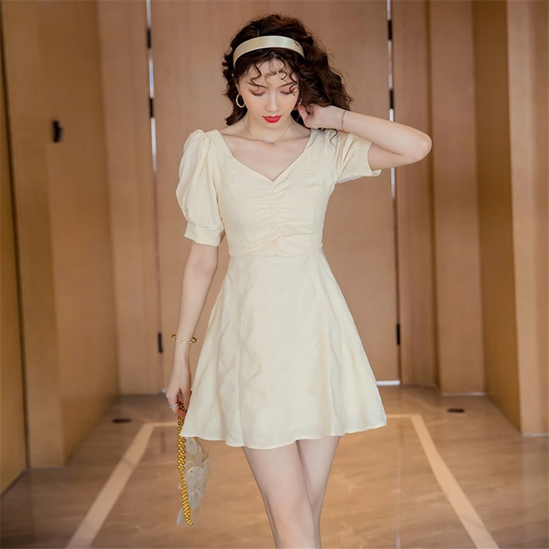 Đầm Voan Ngắn Tay Cổ Chữ V Xinh Xắn Theo Phong Cách Hàn Quốc
