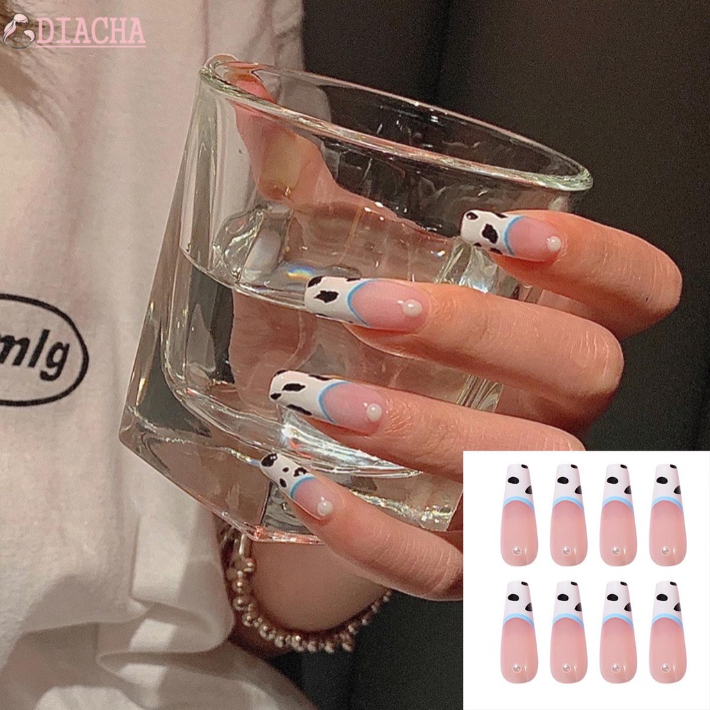 [Hàng mới về] Set 24 Móng Tay Giả Dài Họa Tiết Bò Sữa Có Thể Tháo Rời Thời Trang Cho Nữ