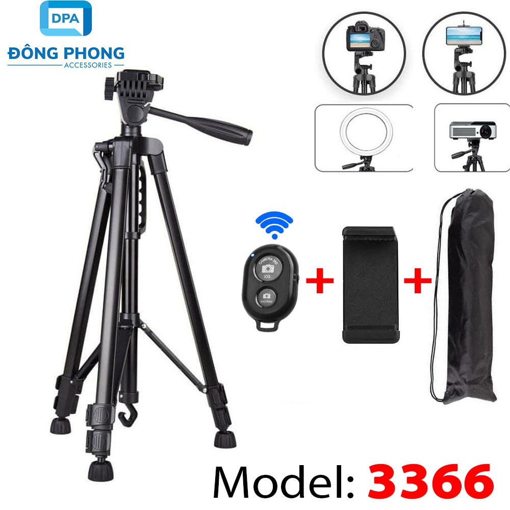 Combo Tripod 3366 Cho Điện Thoại, Máy Ảnh 3 Chân Tặng Kèm Remote & Kẹp