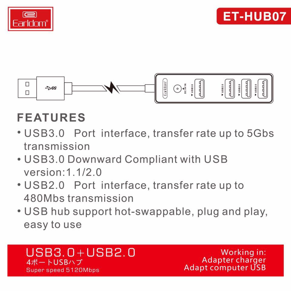 Cáp Hub Usb 3.0 và 2.0 Cắm 4 Cổng Earldom ET-HUB07 Chính Hãng