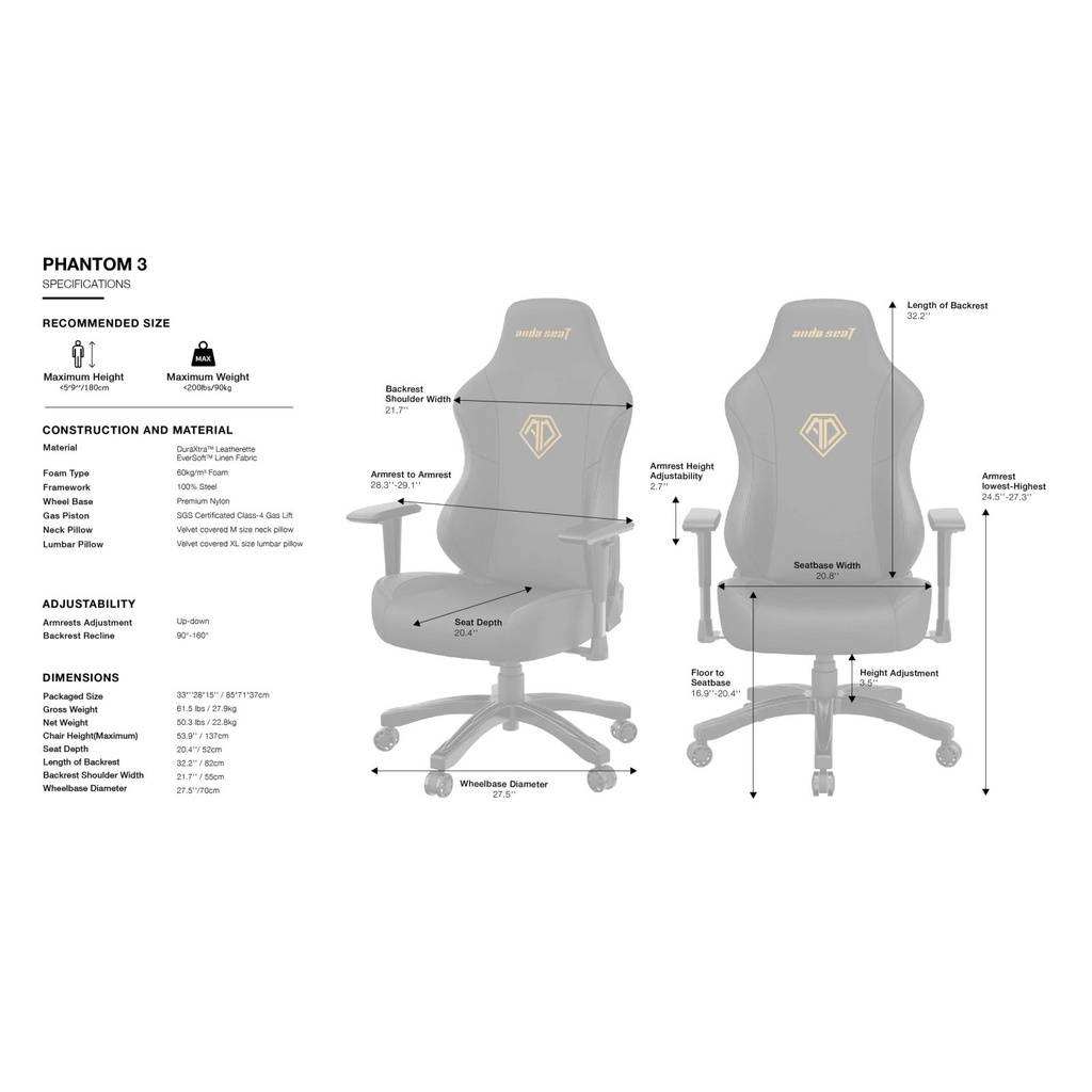 Ghế chơi game / Công thái học Anda Seat Phantom 3 Series vải Linen Fabric / Da PVC - Hàng Chính hãng