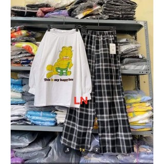 [Sói Xám] [Free ship 50k] ❤️❤️❤️- Sét áo mèo this is tay bo da cá +quần kẻ ô LN11 -Vải xịn