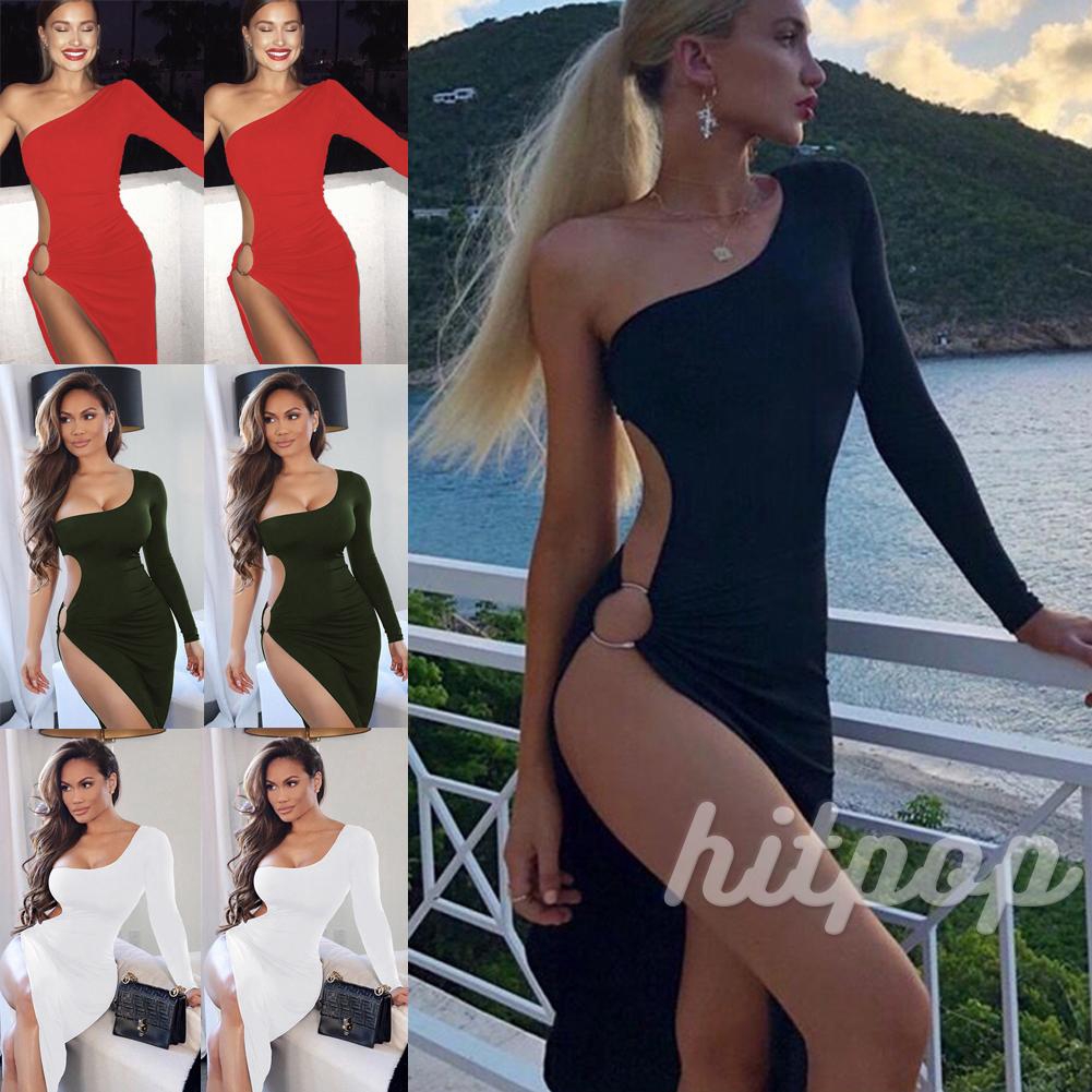 Đầm tay dài trễ một bên vai thiết kế xẻ tà thời trang quyến rũ cho nữ