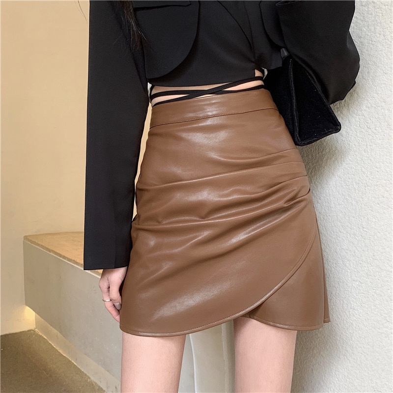 Chân váy da chữ A lưng cao xếp ly wrap WANAWEAR có quần trong chất da mềm mại hàng quảng châu bền đẹp sang chảnh