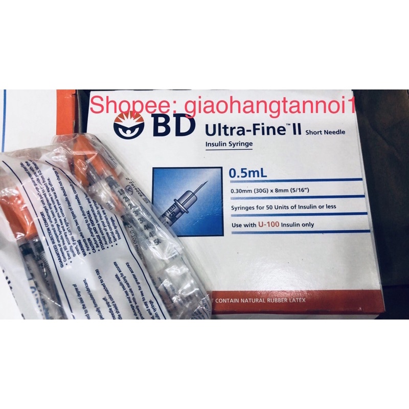 Bơm kim tiêm insulin BD ultra fine(usa Mỹ) 0.5mL dung tích(thể tích dung dịch)50U 0.30mm(30G) x 8mm(kim chích tiểu đường