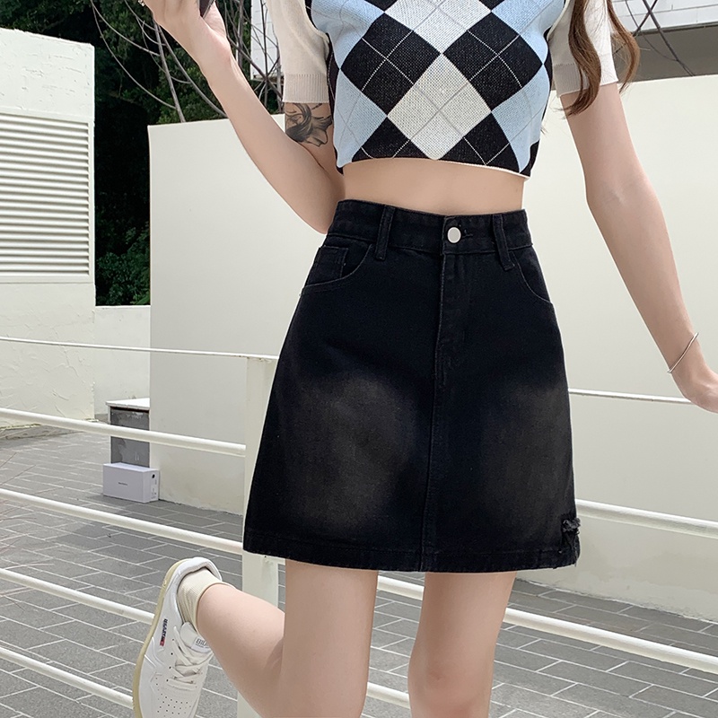 Chân váy jean Chữ a Lưng Cao Màu Xám Đen Phong Cách retro Thời Trang Hàn Quốc Cho Nữ