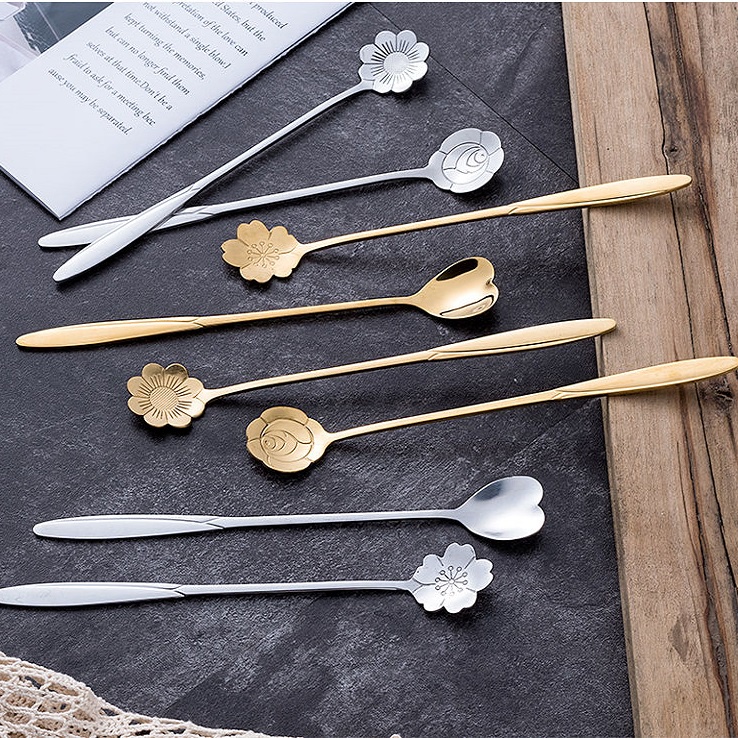 MUỖNG CÀ PHÊ ,KEM CÁN DÀI  INOX  NHIỀU HỌA TIÊT HOA ĐẸP