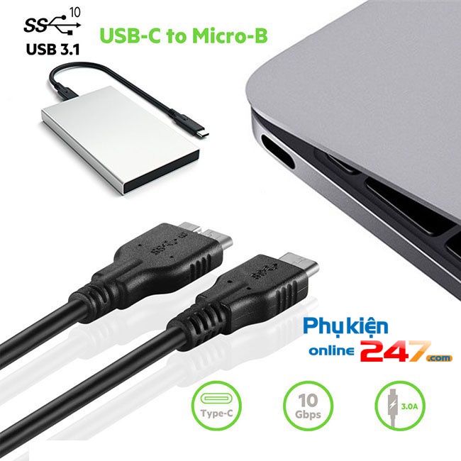 Cáp chuyển đổi USB type C cho ổ cứng di động kết nối Macbook Pro