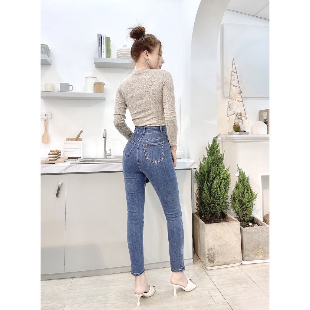 Quần jean dáng ôm lưng cao nữ CRAZYTEEN thiết kế túi ngoài nữ tính K0269