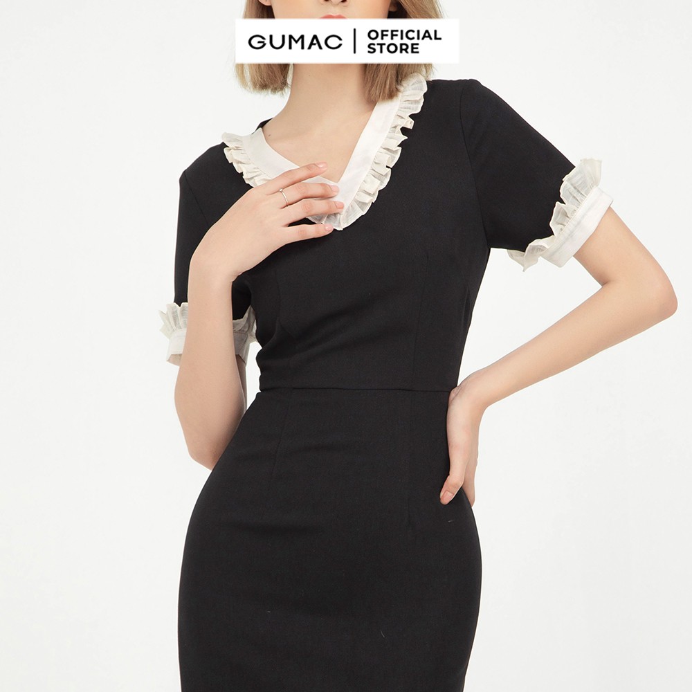 [Mã MABR07062 giảm 8% tối đa 50K đơn từ 249K] Đầm ôm nữ cổ V phối GUMAC quyến rũ màu đen DB5128 | BigBuy360 - bigbuy360.vn