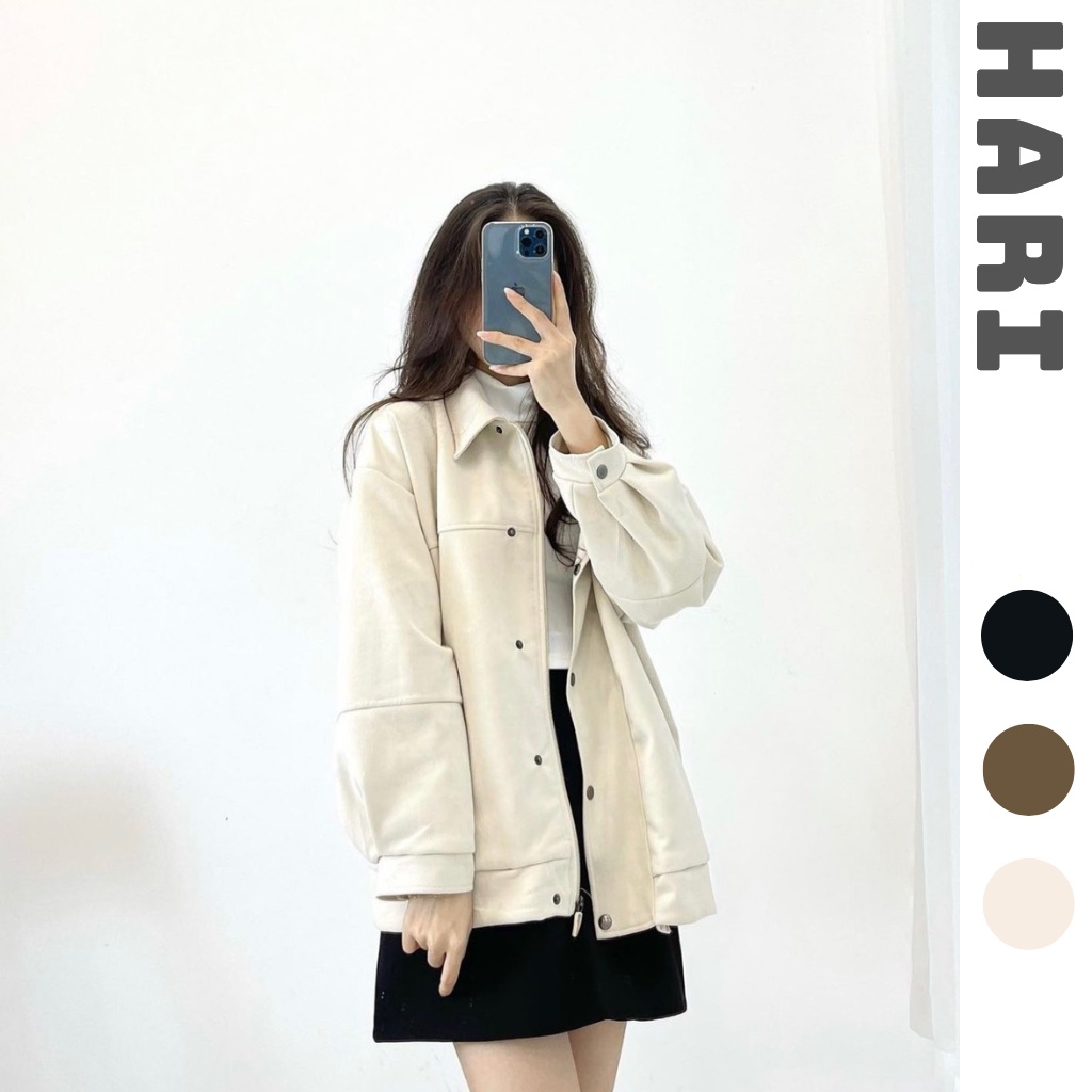 Áo khoác da lộn cổ bẻ nữ 2 lớp, Áo khoác Bomber cúc bấm có khóa kéo dáng Unisex mã 000