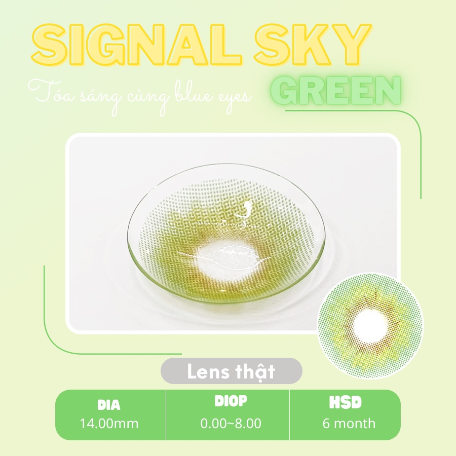 Kính áp tròng cao cấp Hàn Quốc màu xanh lá SINGNAL GREEN, lens giãn nhẹ 14.0, 1 cặp lens  tặng kèm nước nhỏ dưỡng  mắt .