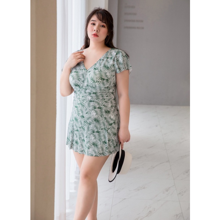 Bộ đồ bơi nữ liền thân dáng váy họa tiết lá có size lớn