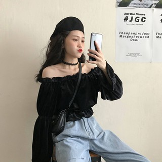 Áo croptop nhung trễ vai tay phồng - Hàng ORDER nhắn shop trước khi đặt