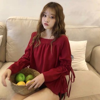 Áo voan tay dài cổ vuông khoét tay phối nơ bánh bèo TTSA0490( tts0447)