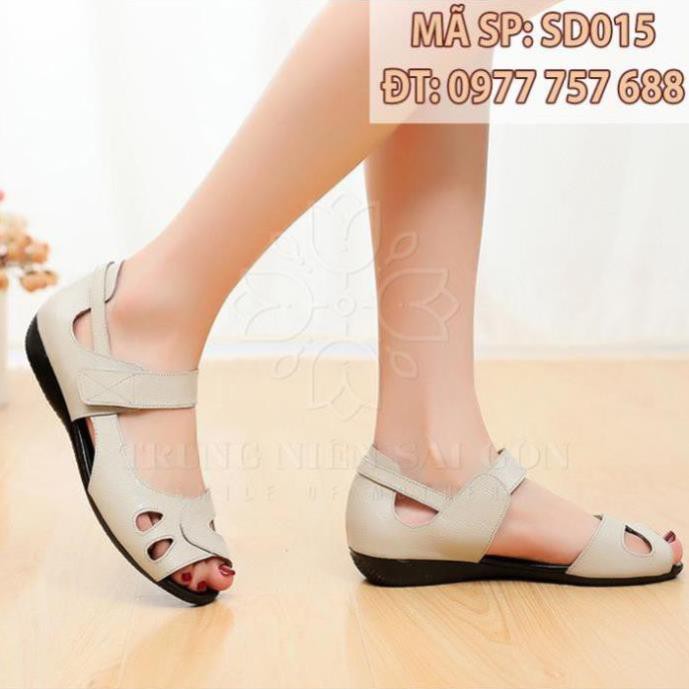 Xả Hàng- Sandal đế thấp cho mẹ giày đen hở mũi ngoại cỡ trung niên êm chân SD015 - ,