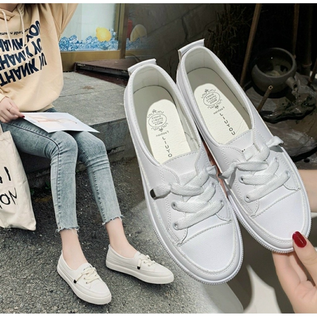 Giày lười nữ xỏ dây phối 2 màu trắng và kem kiểu dáng Hàn Quốc