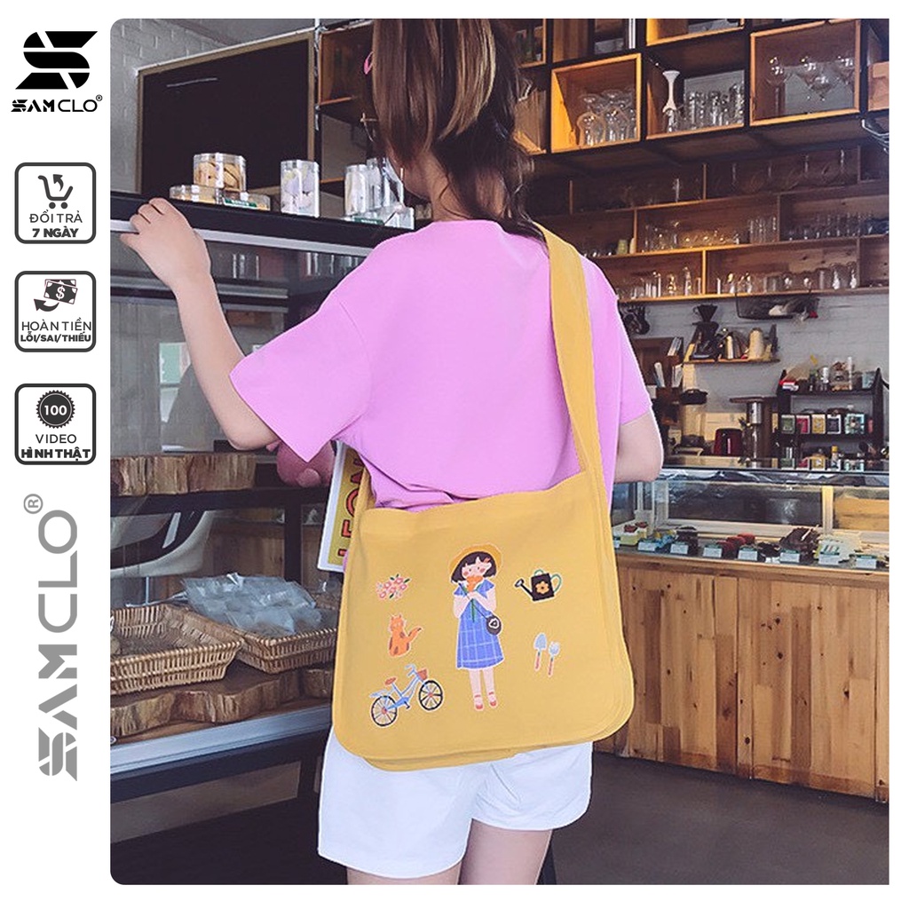 Túi TOTE đeo chéo SAM CLO bag canvas thời trang Hàn Quốc ULZZANG kèm phụ kiện dễ thương, đi chơi, đi học in hình CÔ GÁI