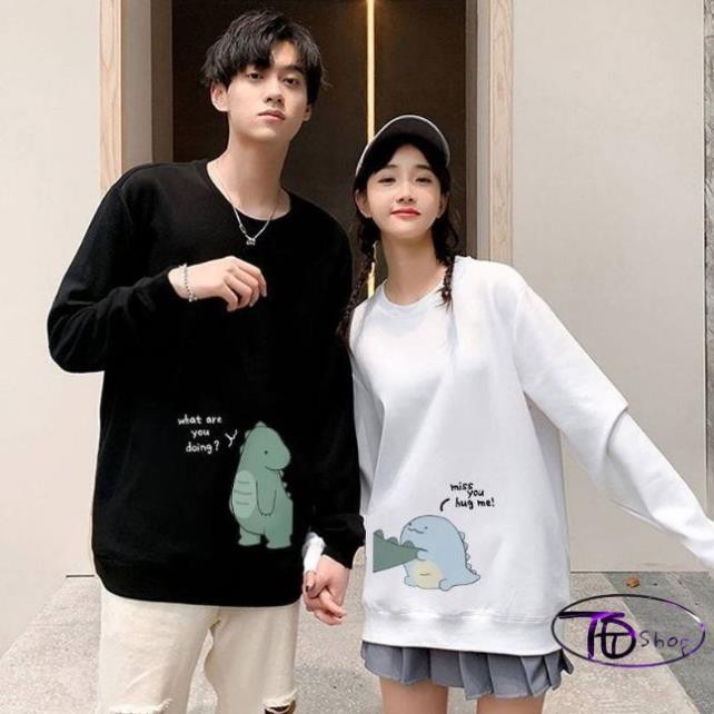 Áo Cặp ⚜️ Tự Thiết Kế ⚜️ Đồ Đôi Nỉ Bông tay dài cổ tròn tình yêu khủng long Hot 2020 Cao cấp loại 1