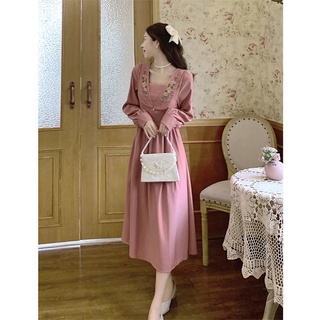 Retro Đầm midi nữ tay dài in hoa phong cách vintage 2022