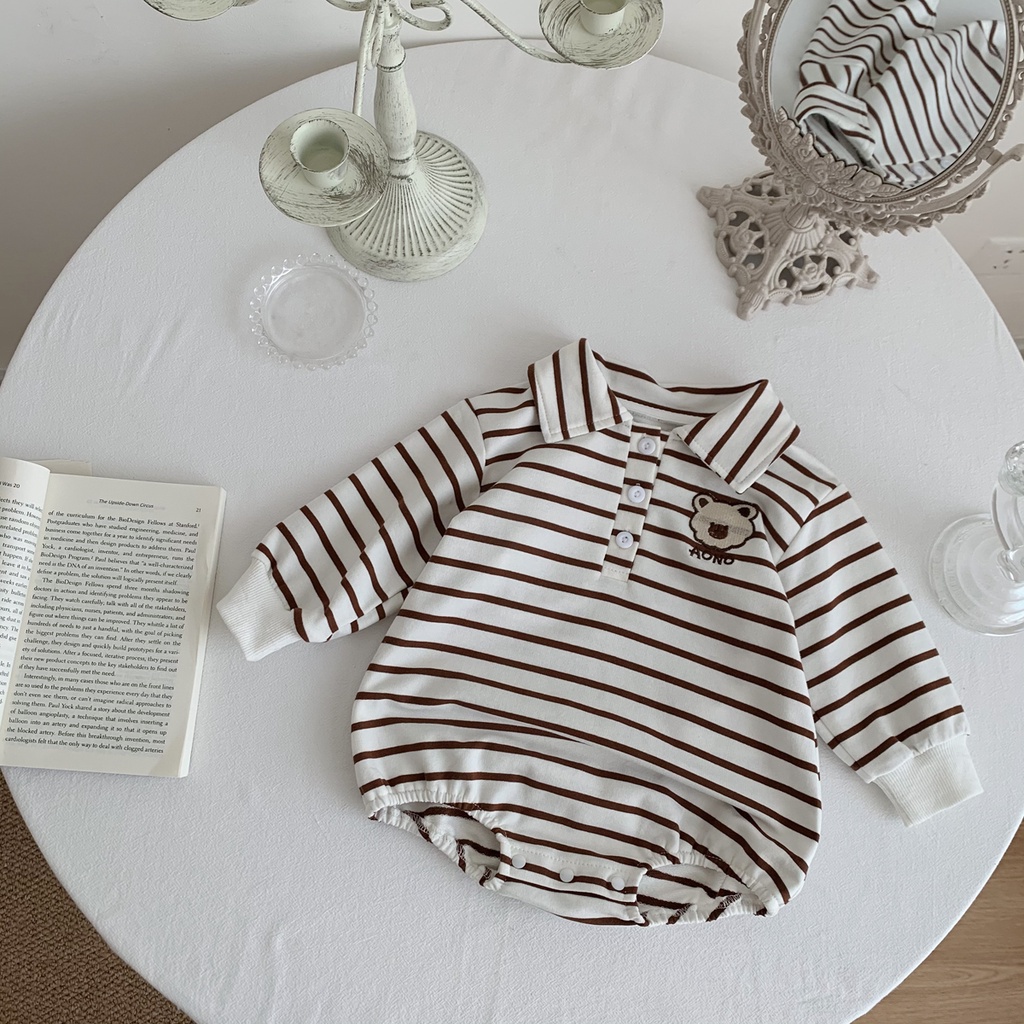 Áo liền quần tay dài họa tiết kẻ sọc in hình gấu kiểu Hàn Quốc cho bé