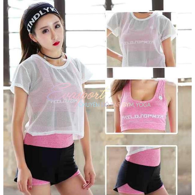 Set bộ đồ tập gym nữ ngắn gồm áo bra áo lưới quần đùi 2 lơp tập yoga gym aerobic thể thao co giãn