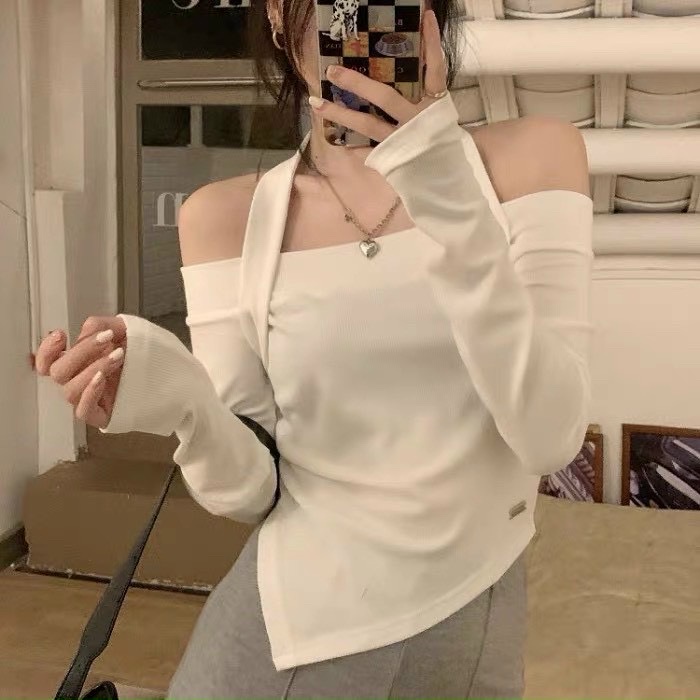 Áo thun gân tay dài trễ vai vải cotton vạt gấu chéo cá tính màu đen trắng Ladya Store