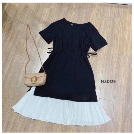 Đầm Bầu Váy Bầu Thun Cotton Dáng Suông Xòe Mùa Hè Tay Ngắn Vải Mát chân kẻ dập ly