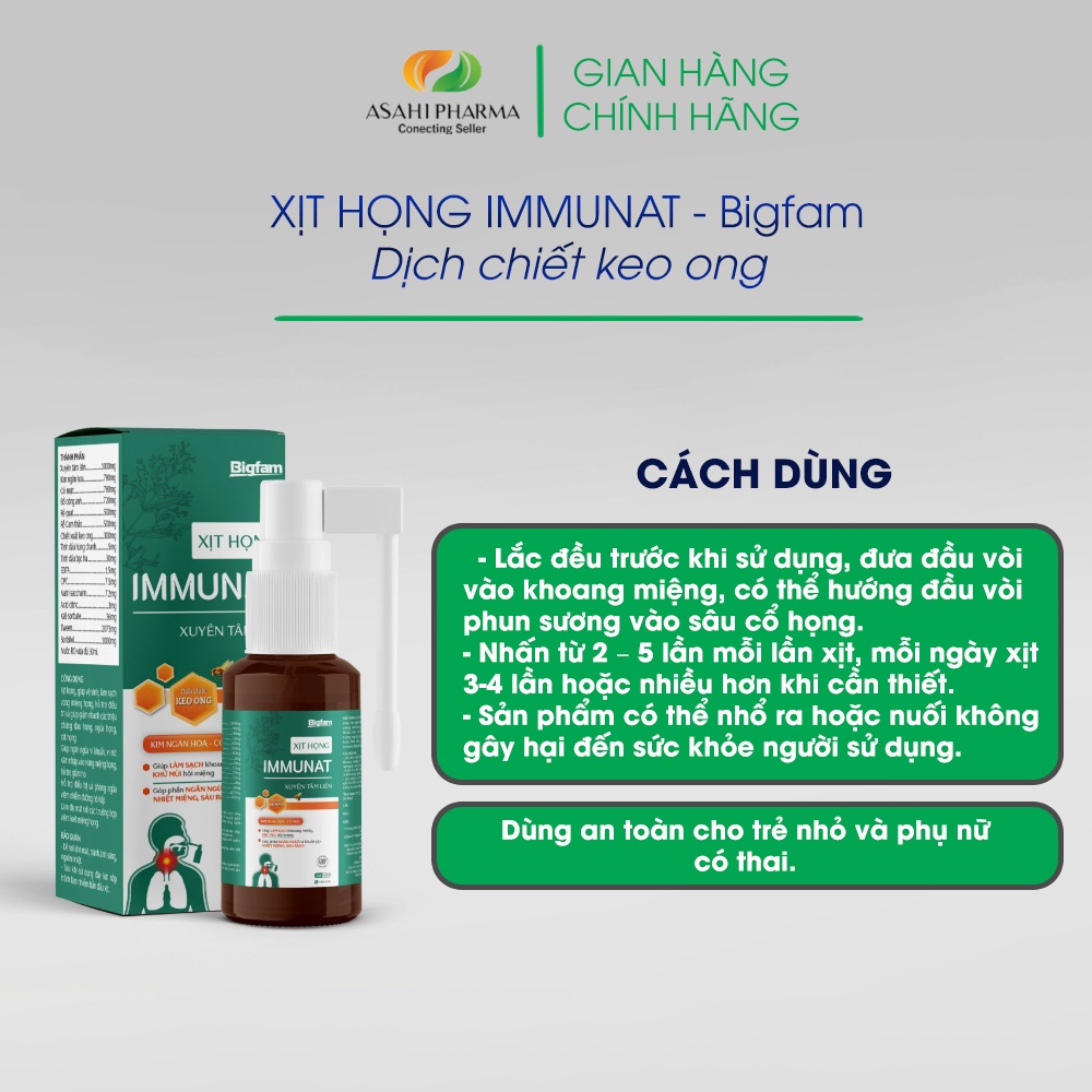 Xịt họng IMMUNAT Xuyên Tâm Liên Bigfam - Ngăn ngừa vi khuẩn, giảm các triệu chứng viêm đường hô hấp, giảm rát họng(30ml)