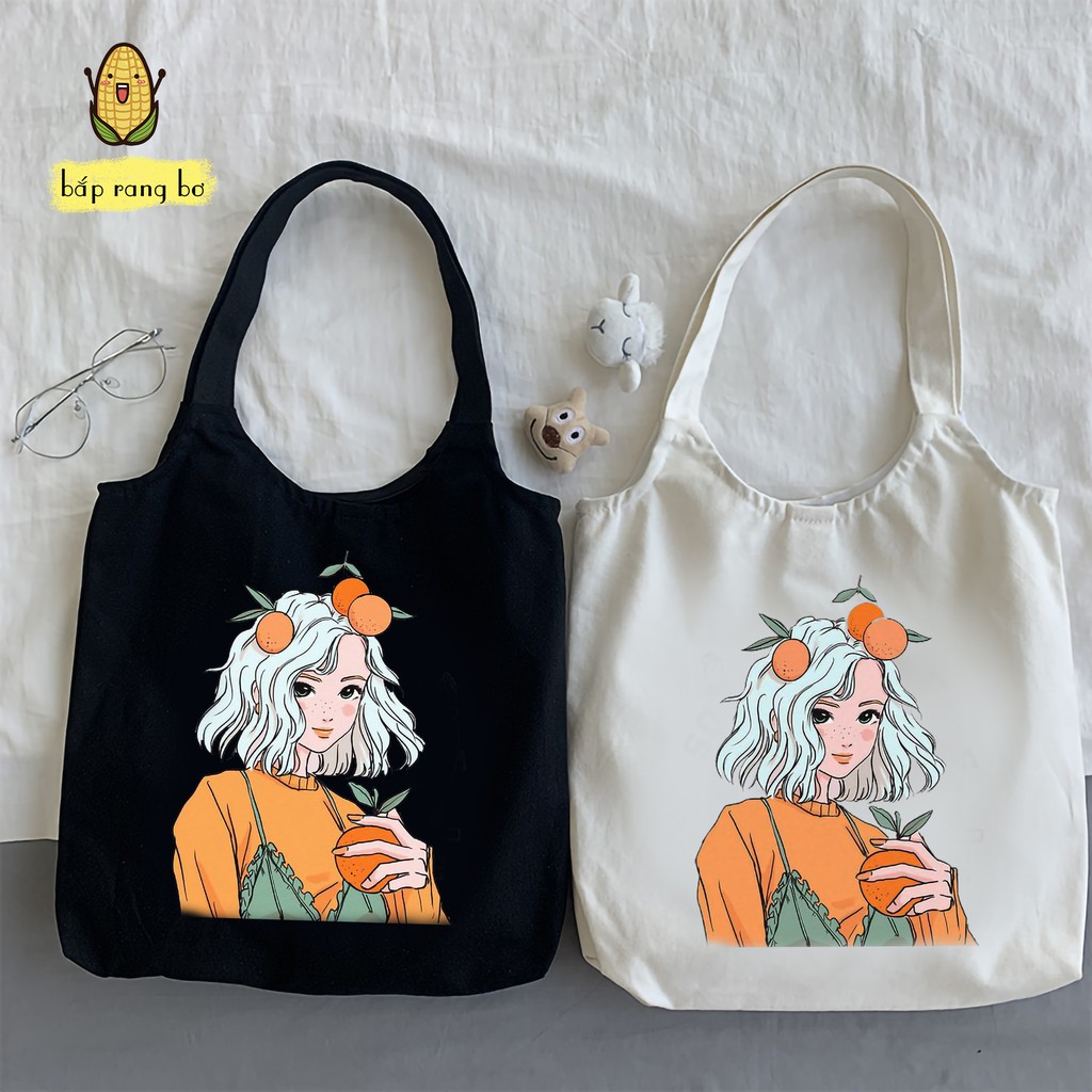 TÚI TOTE ĐEO VAI CÔ GÁI QUẢ CAM FLOWER GIRL (CÓ TÚI CON) - ĐỂ SÁCH A4- VẢI CANVAS QUAI TRÒN