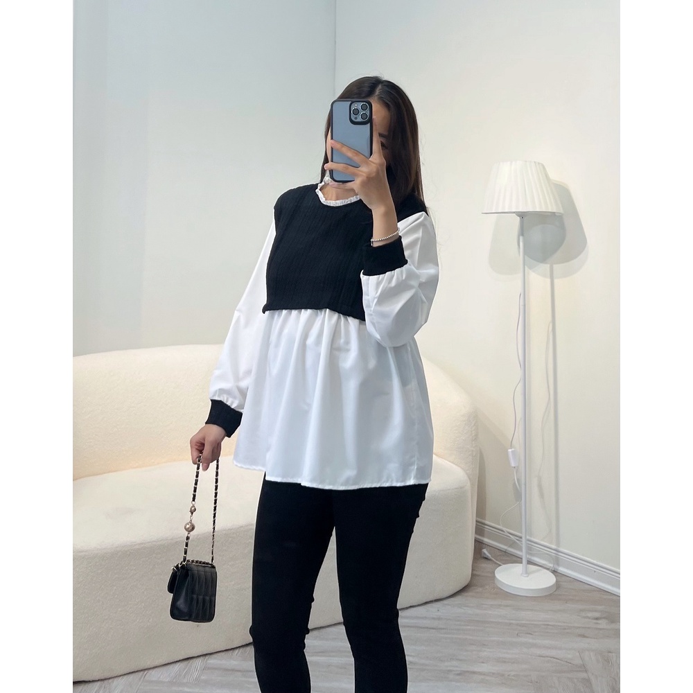 Áo bầu phối vải len xương cá BONE TOP có khóa cho bé ti, phù hợp mùa thu đông cho mẹ đi làm, đi chơi by L
