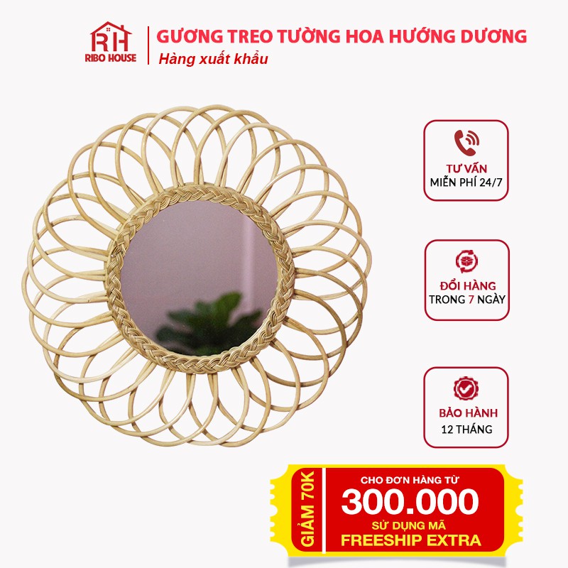 Gương treo tường mây hình hoa hướng dương RIBO HOUSE Gương mây tre đan size Lớn RIBO32