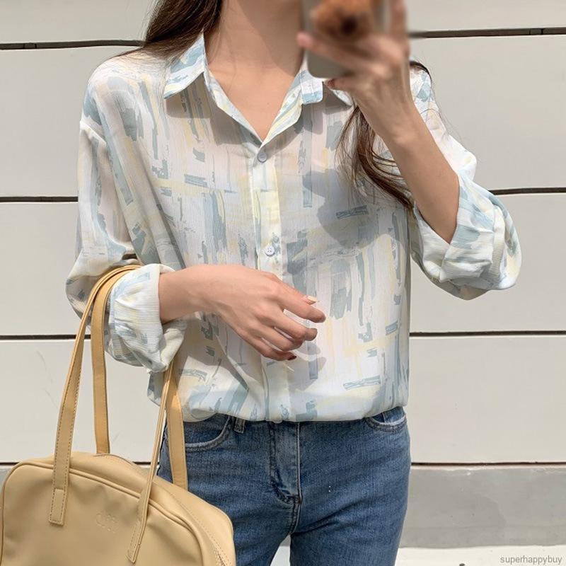 Áo sơ mi nữ ngoại cỡ tay dài họa tiết sơn dầu phong cách Hàn Quốc