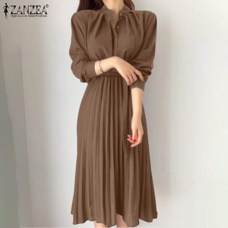 Đầm ZANZEA tay dài xếp ly lưng cao thanh lịch phong cách Hàn Quốc thường ngày dành cho bạn nữ