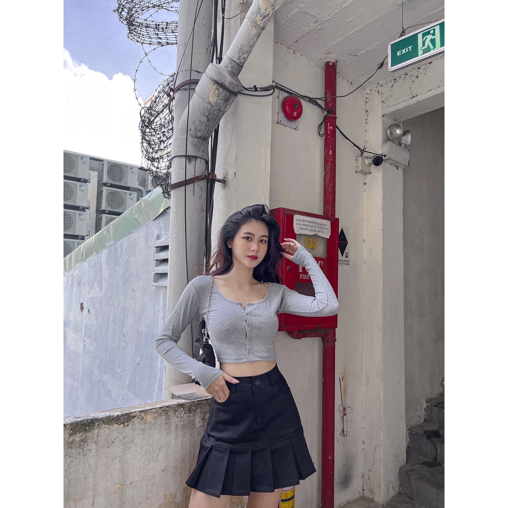 Áo croptop nữ tay dài HHVINTAGE kiểu bấm nút thun gân co giãn TOP A63