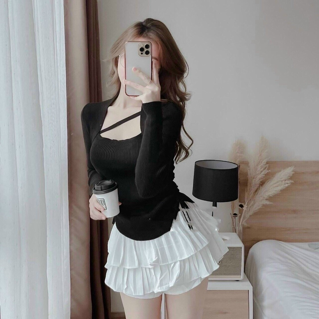 Áo kiểu cổ vuông tay dài 1 dây chéo ngực vạt bầu rút dây 2 bên cực hot , chất thun gân dày dặn -AO090
